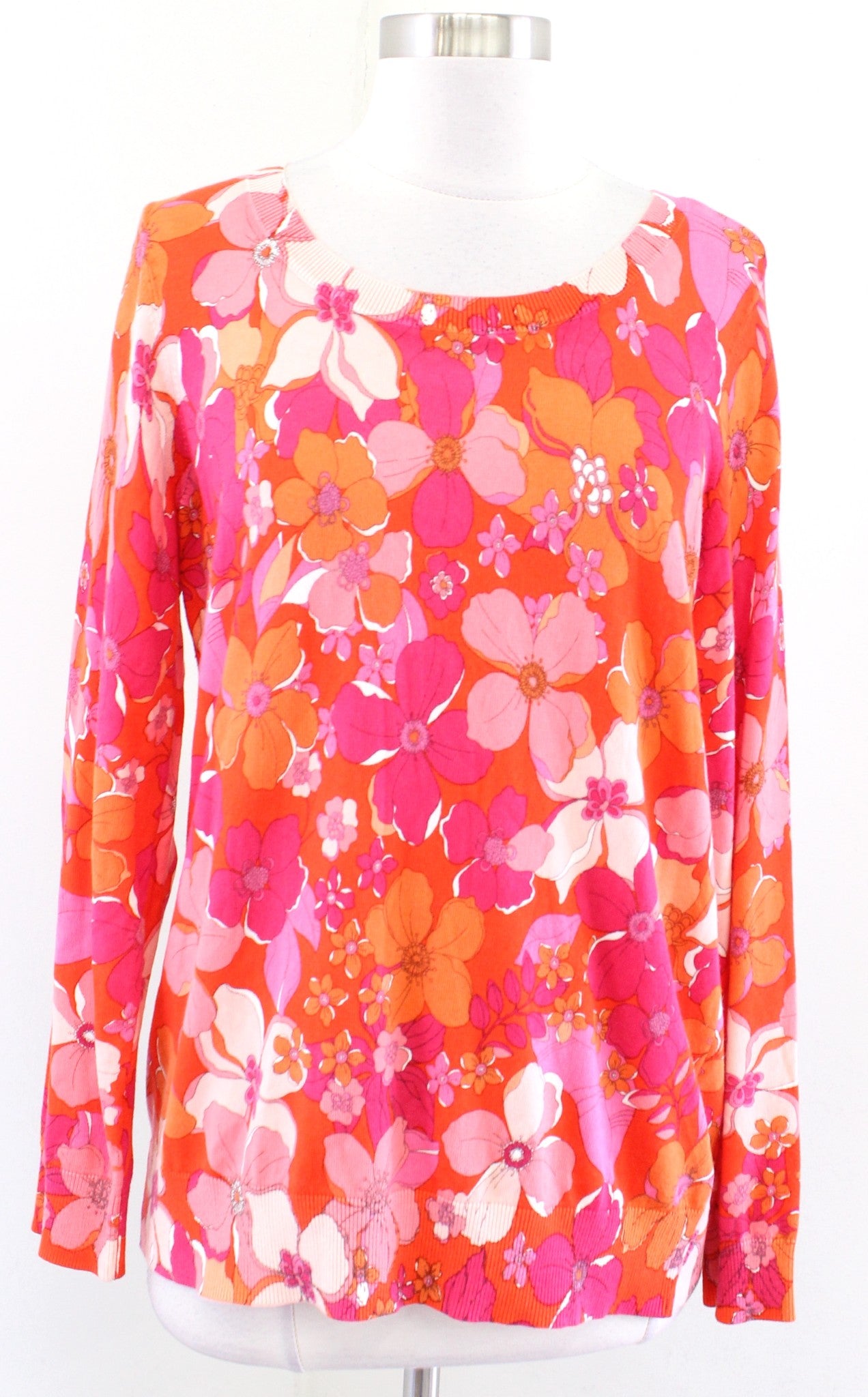 NWT Talbots Vibrant Floral Print Pullover Light Sweater Top Size M Pink Orange