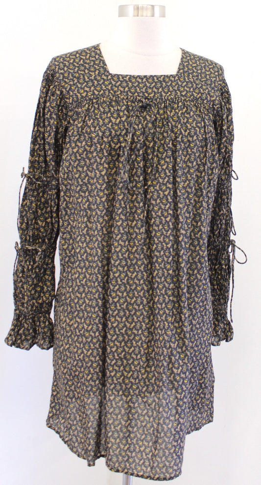 Doen Buttercup Black Winter Ditsy Floral Print Mini Peasant Shift Dress Size S