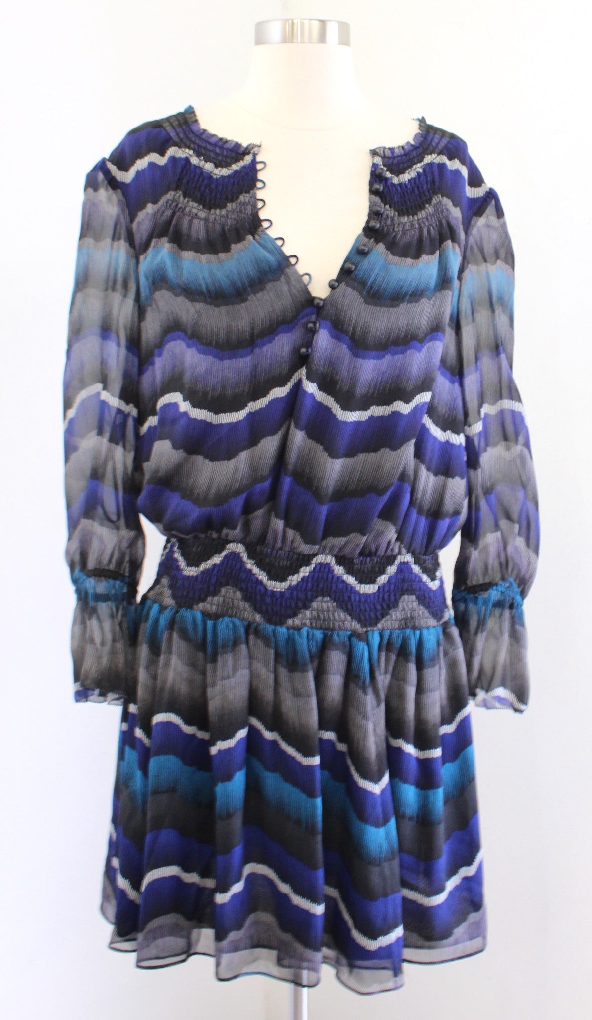 Diane Von Furstenberg Kelley Smocked Chiffon Silk Peacock Striped Dress Size 6