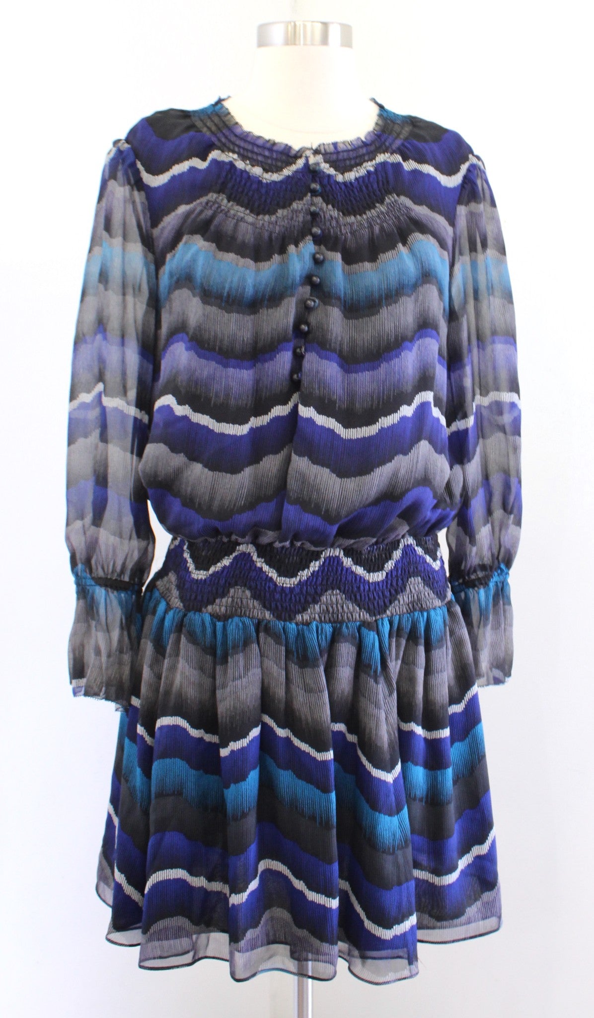 Diane Von Furstenberg Kelley Smocked Chiffon Silk Peacock Striped Dress Size 6