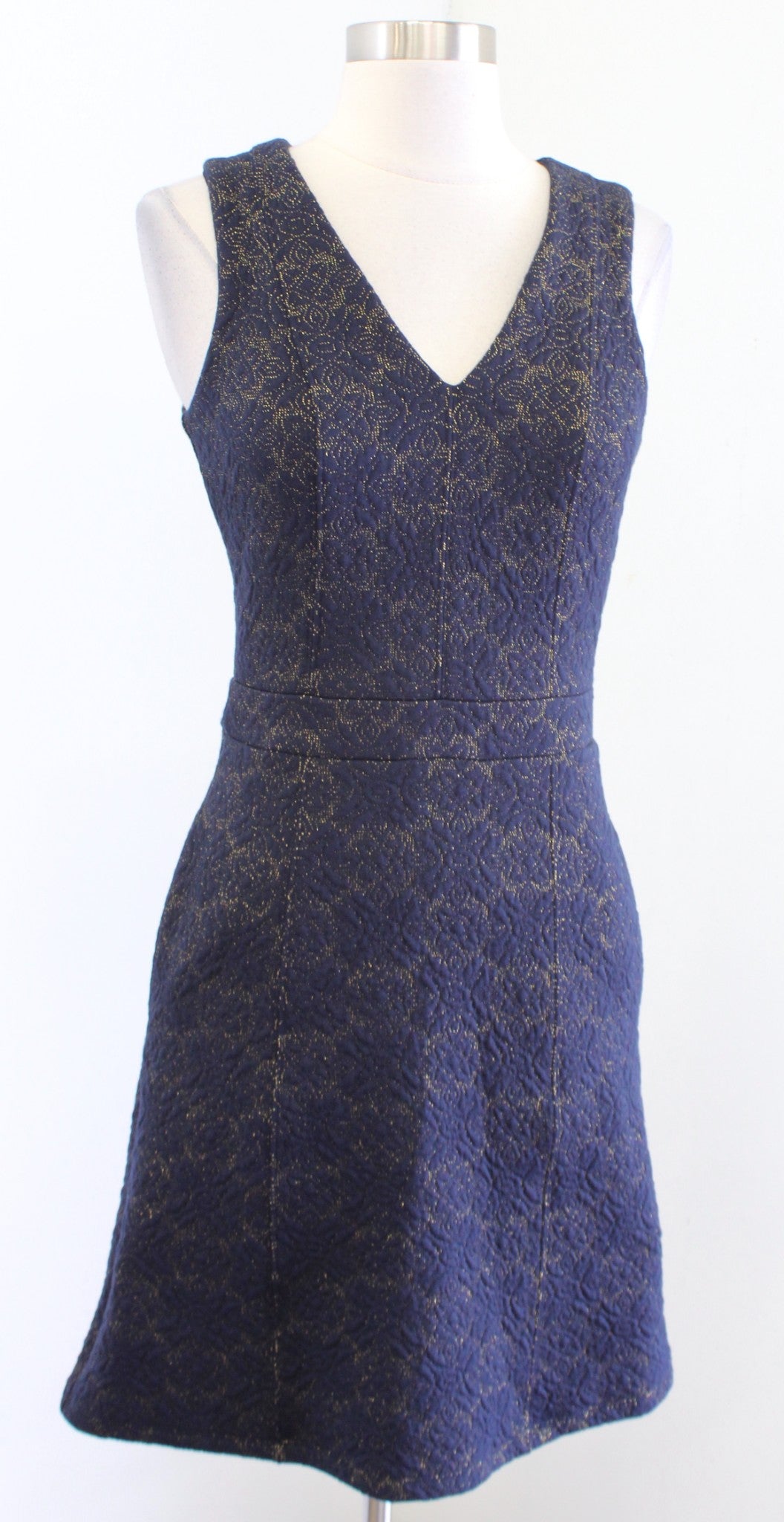 NWT Michael Kors Navy Blue Gold Medallion Jacquard A Line Sheath Dress XXS 2XS