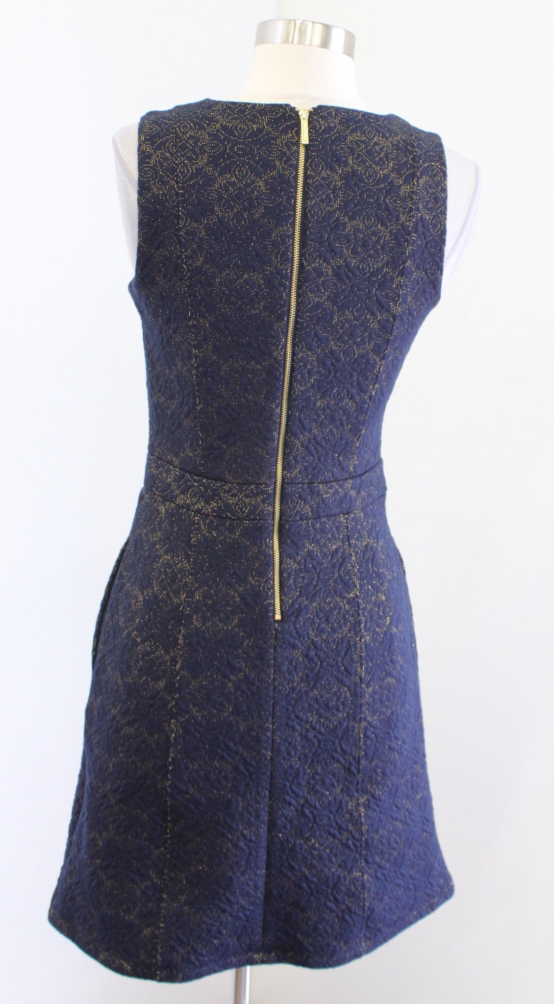 NWT Michael Kors Navy Blue Gold Medallion Jacquard A Line Sheath Dress XXS 2XS