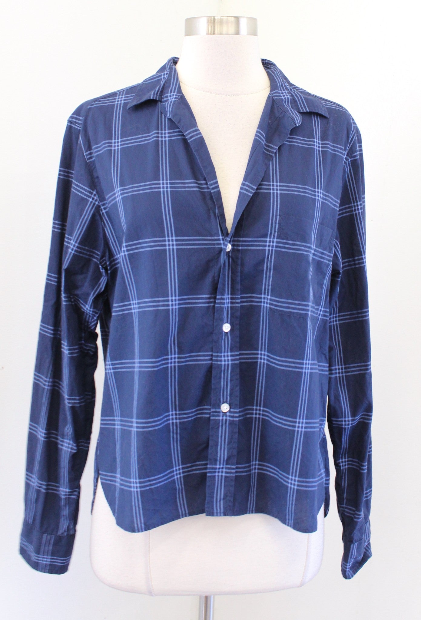 Frank and Eileen Silvio Navy Blue Windowpane Plaid Button Front Shirt Blouse M