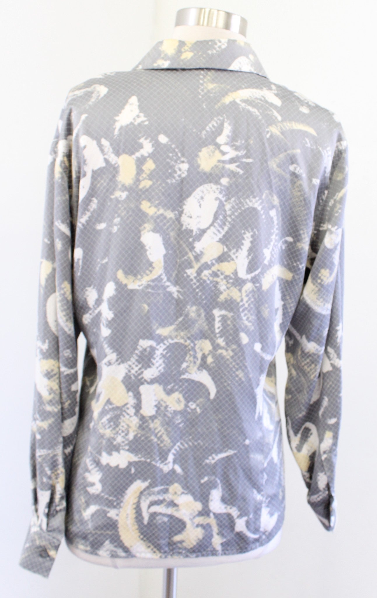 Vtg Escada Gray Abstract Grid Print Silk Button Front Shirt Blouse Size 36 Long Sleeve