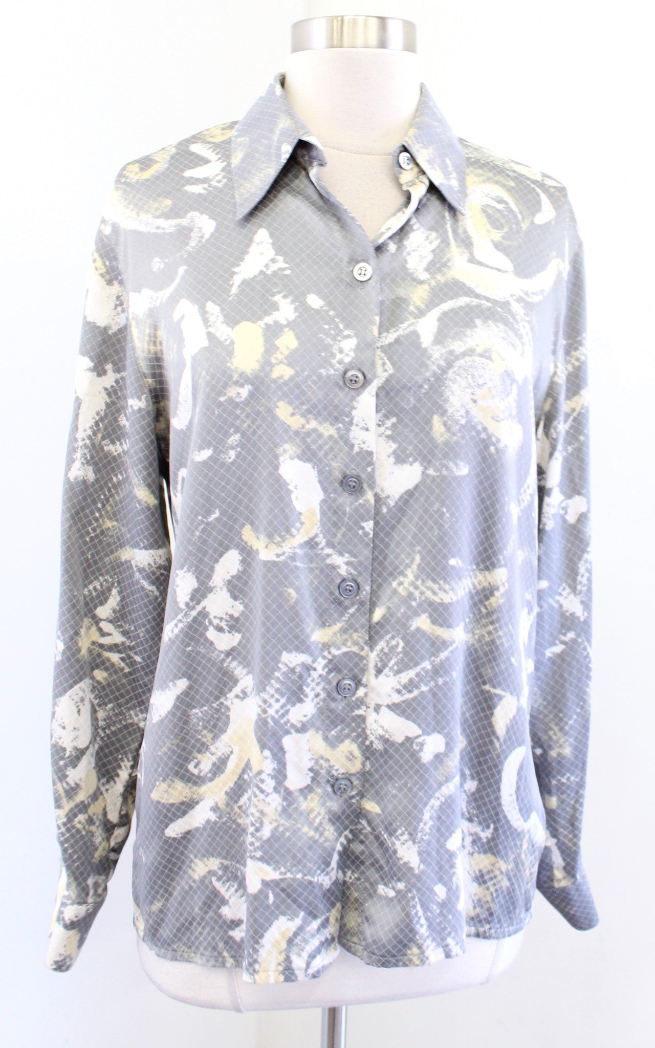 Vtg Escada Gray Abstract Grid Print Silk Button Front Shirt Blouse Size 36 Long Sleeve