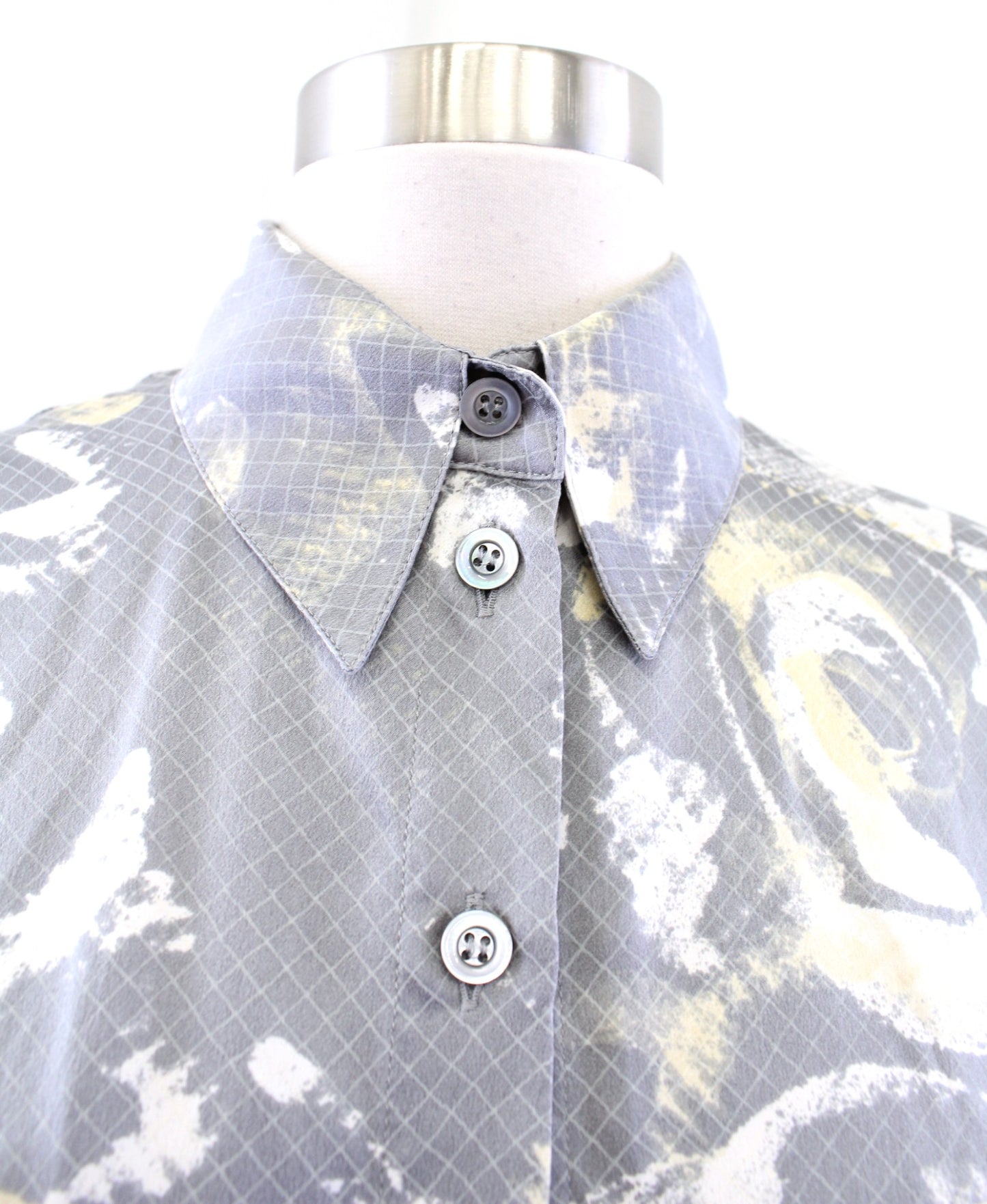 Vtg Escada Gray Abstract Grid Print Silk Button Front Shirt Blouse Size 36 Long Sleeve