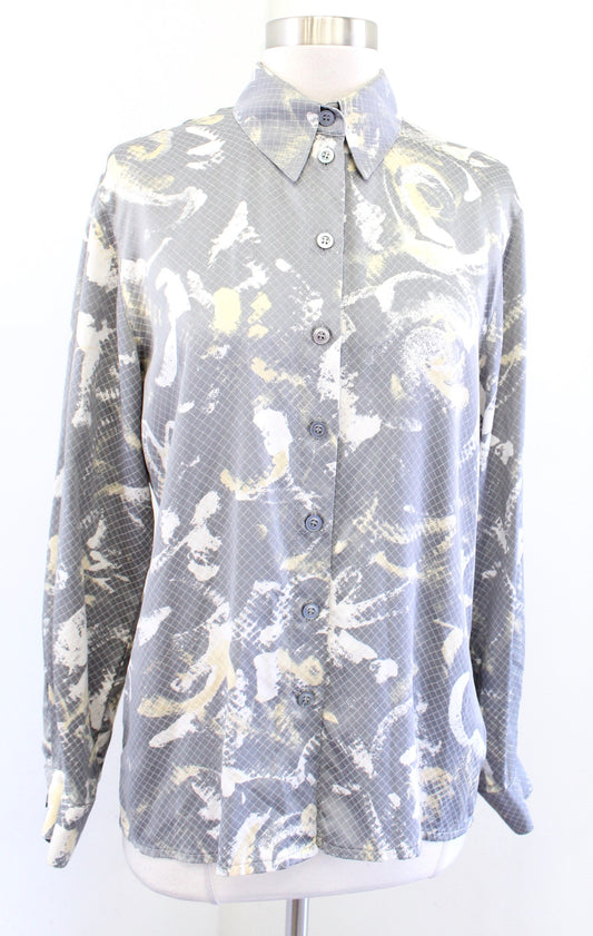 Vtg Escada Gray Abstract Grid Print Silk Button Front Shirt Blouse Size 36 Long Sleeve