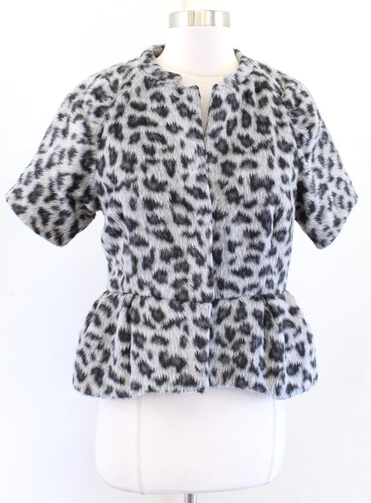 BCBG Max Azria Davie Gray Black Leopard Print Faux Fur Peplum Blazer Jacket Sz S