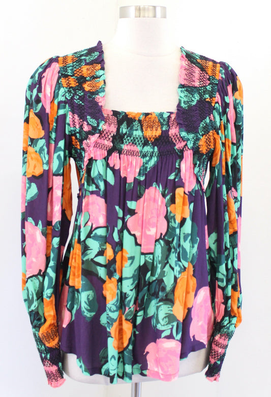 Plenty Tracy Reese Anthropologie Floral Puff Sleeve Top Blouse Size S Purple