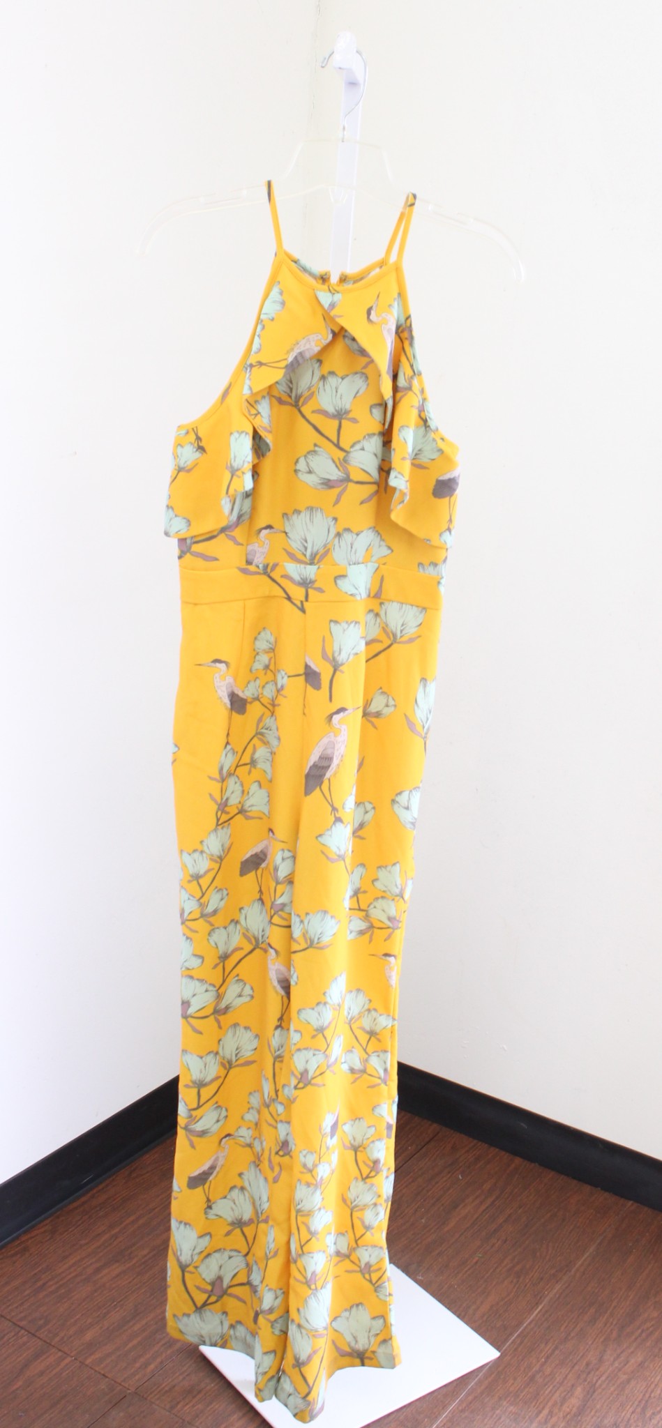 NWT Varun Bahl Anthropologie Warbler Yellow Floral Bird Print Ruffle Jumpsuit 2