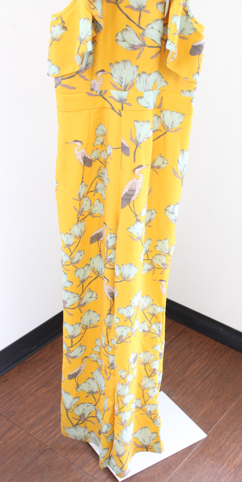 NWT Varun Bahl Anthropologie Warbler Yellow Floral Bird Print Ruffle Jumpsuit 2