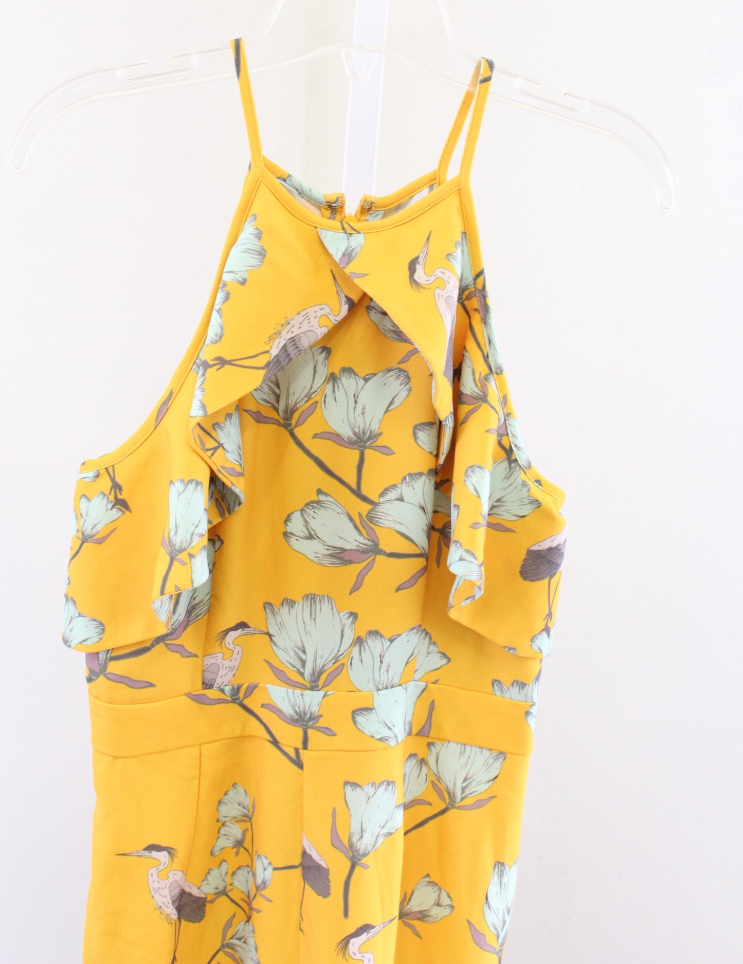 NWT Varun Bahl Anthropologie Warbler Yellow Floral Bird Print Ruffle Jumpsuit 2