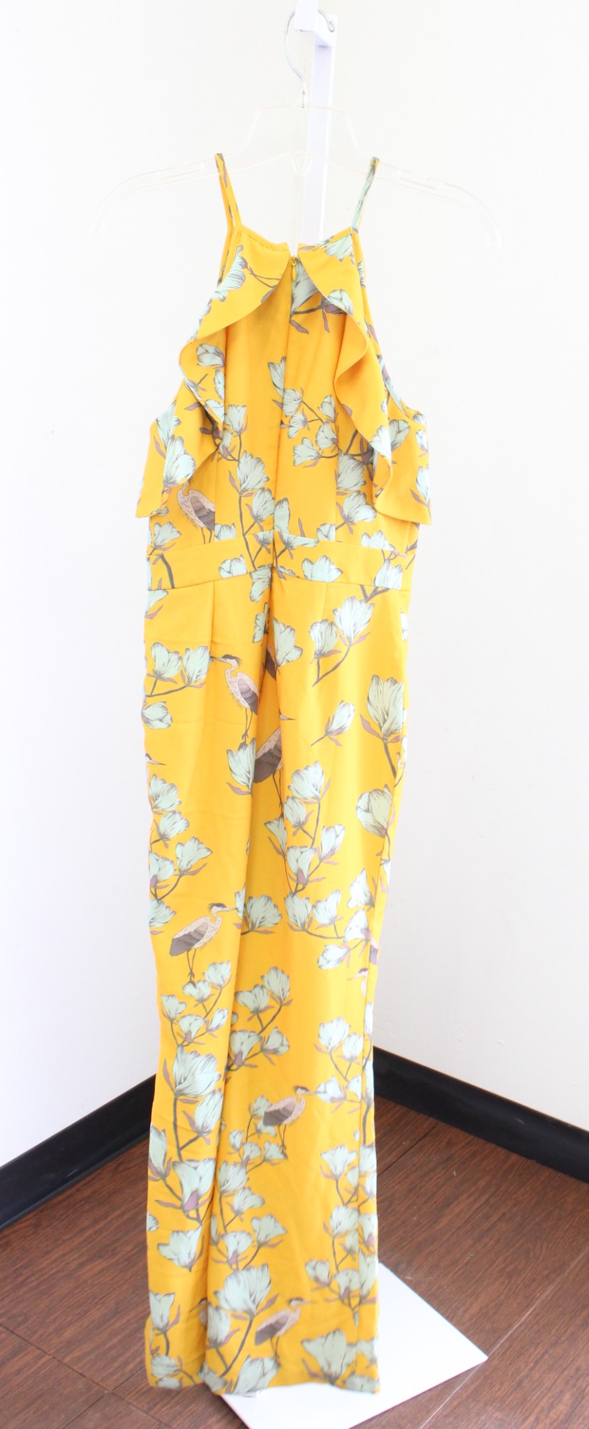 NWT Varun Bahl Anthropologie Warbler Yellow Floral Bird Print Ruffle Jumpsuit 2