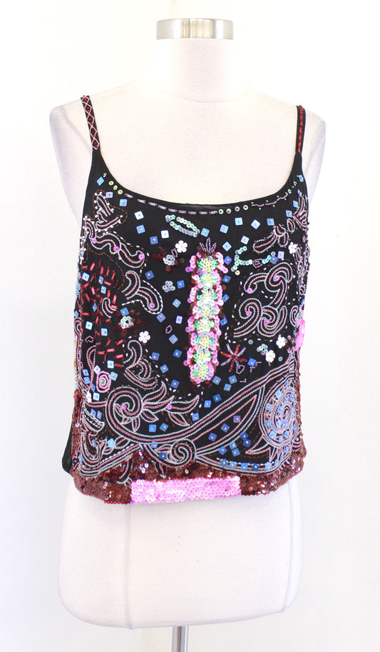 NWT Vtg Y2k Black Silk Embroidered Sequin Cami Tank Top Blouse Size M 2000s