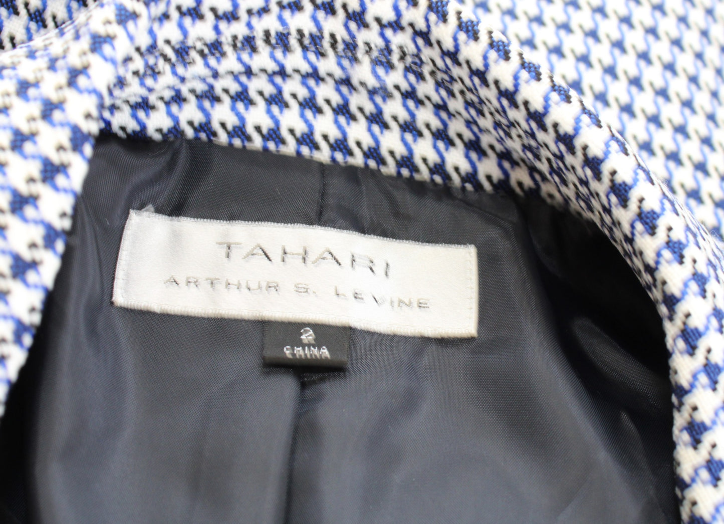 Tahari ASL Levine Black Blue White Houndstooth Cuffed Sleeve Blazer Jacket Sz 2