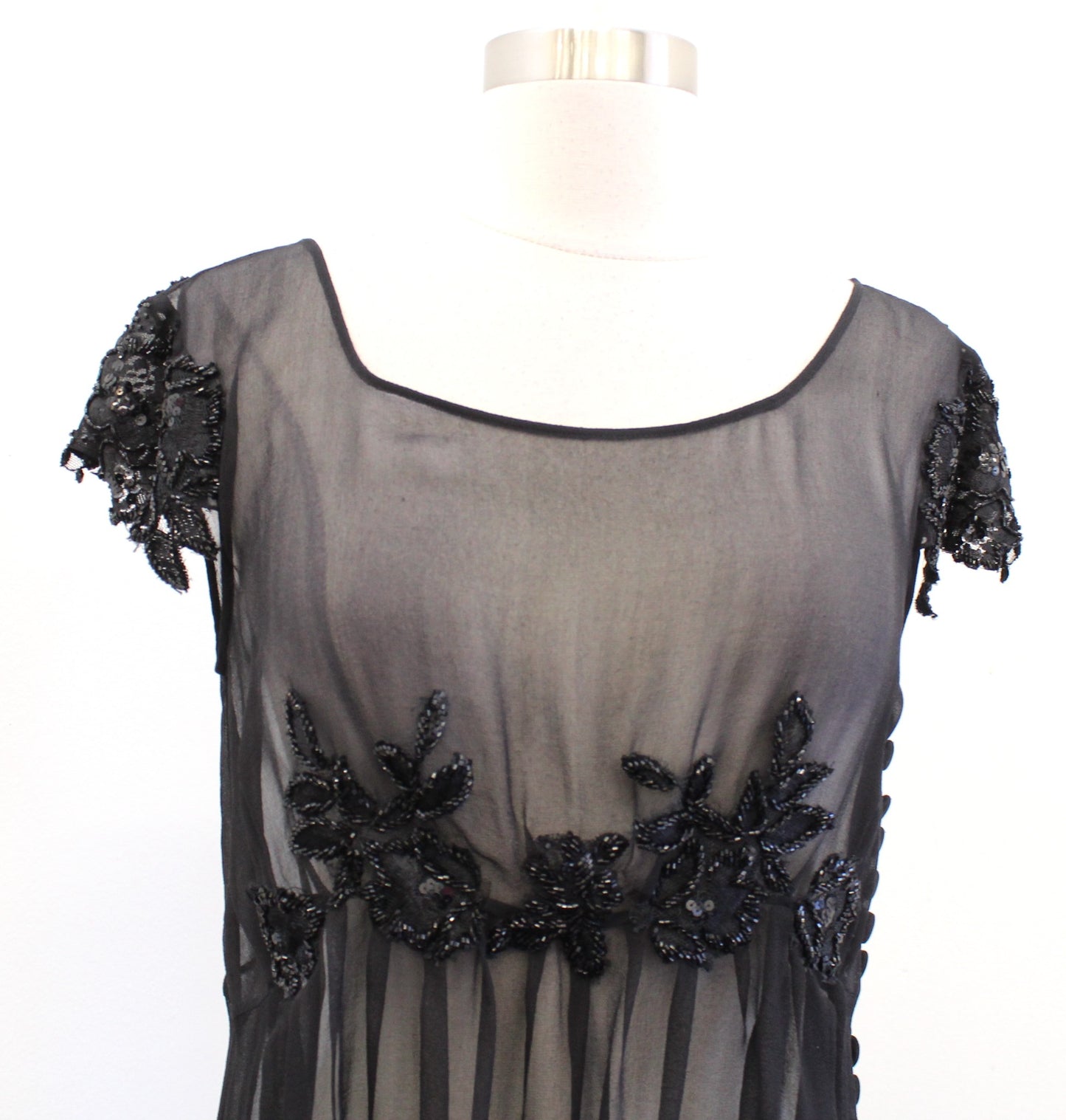 Vtg Y2k 2000s Black Sheer Sequin Embellished Babydoll Tunic Top Blouse Size L