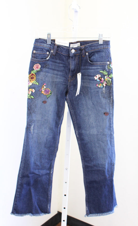 NWT Zara the Bootcut Cropped Floral Embroidered Jeans Size 2 Mid Rise Slim Fit