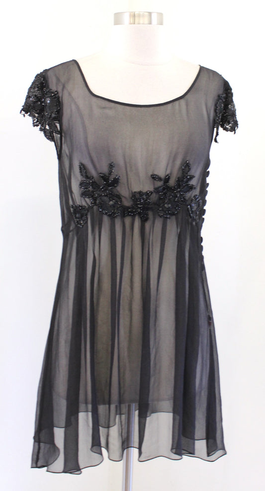 Vtg Y2k 2000s Black Sheer Sequin Embellished Babydoll Tunic Top Blouse Size L