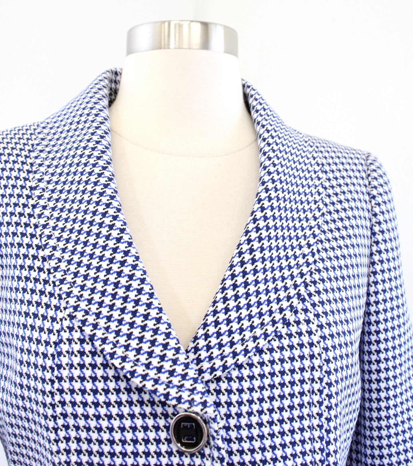 Tahari ASL Levine Black Blue White Houndstooth Cuffed Sleeve Blazer Jacket Sz 2