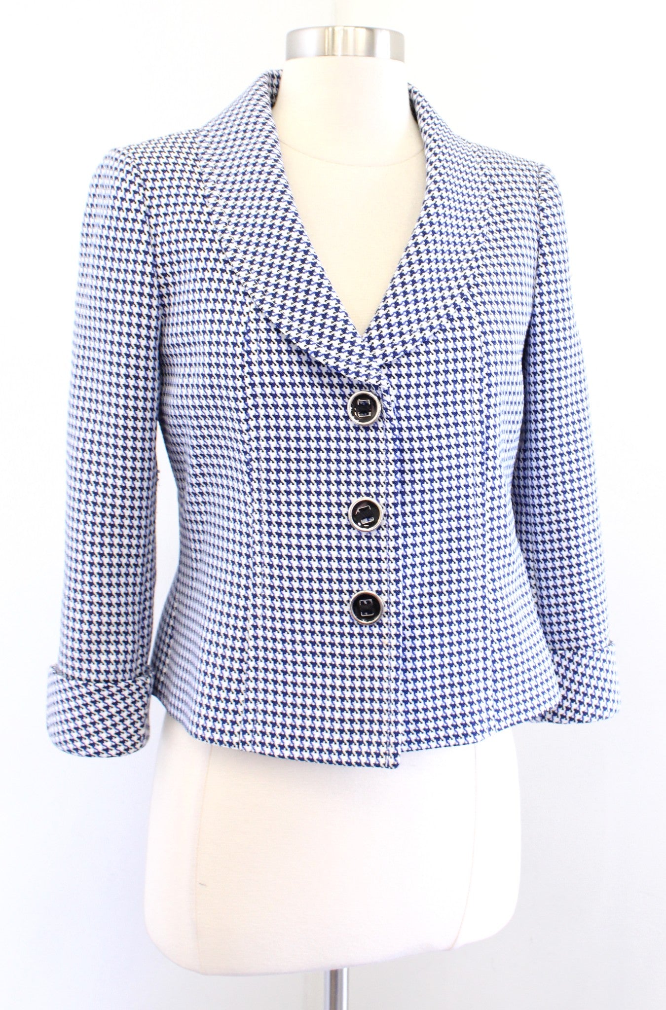 Tahari ASL Levine Black Blue White Houndstooth Cuffed Sleeve Blazer Jacket Sz 2