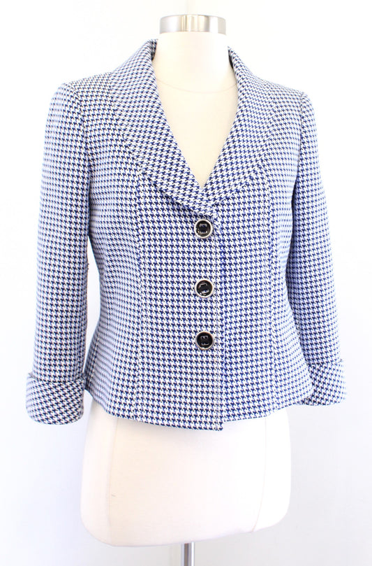 Tahari ASL Levine Black Blue White Houndstooth Cuffed Sleeve Blazer Jacket Sz 2