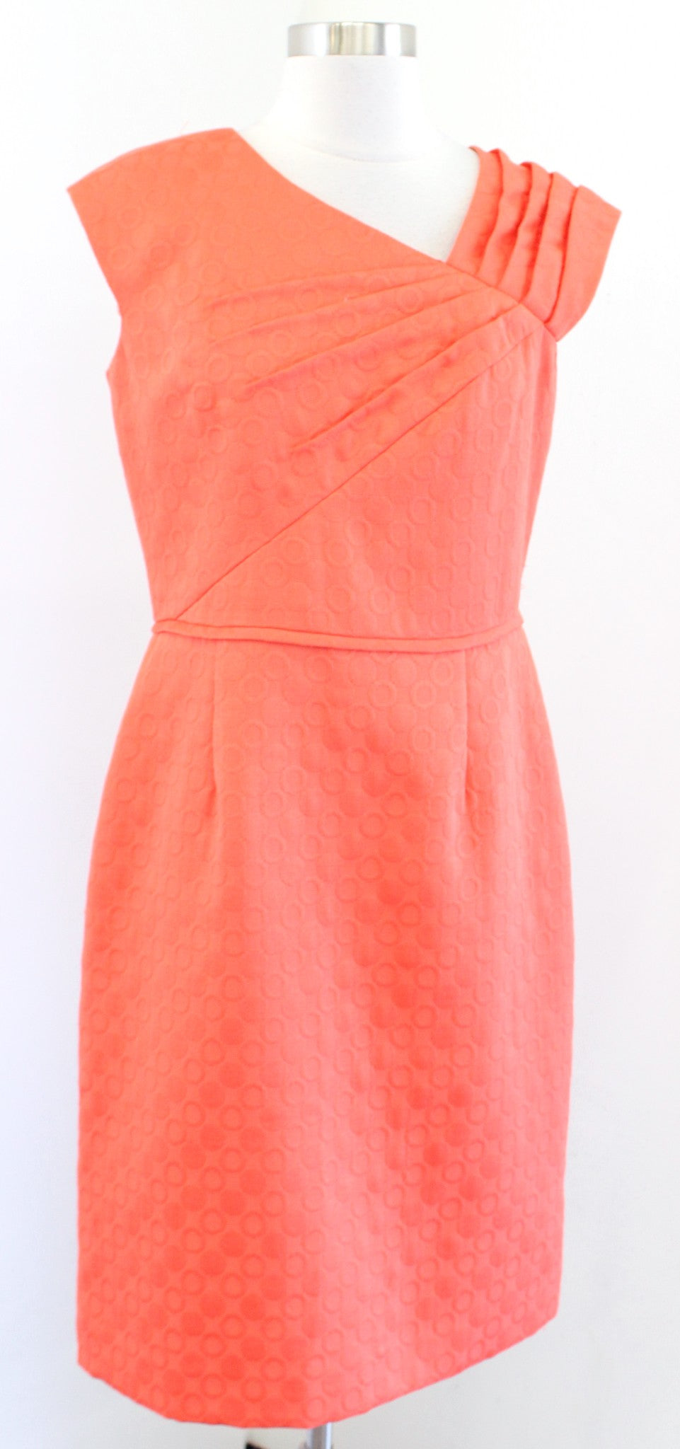 Tahari ASL Levine Orange Polka Dot Embossed Asymmetrical Neckline Sheath Dress 6