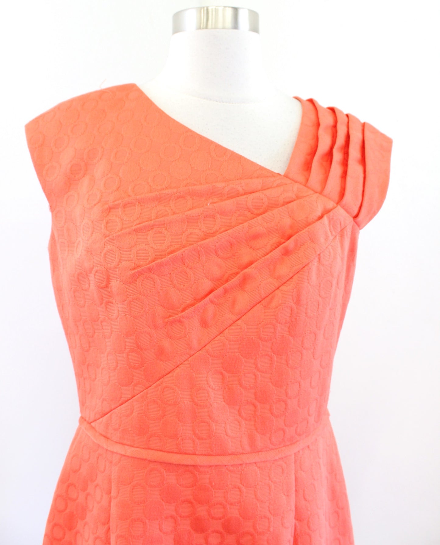 Tahari ASL Levine Orange Polka Dot Embossed Asymmetrical Neckline Sheath Dress 6