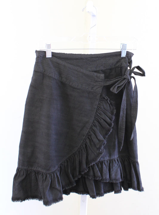 Pilcro Anthropologie Nettie Black Ruffle Tie Front Mini Skirt Size XS Wrap Look