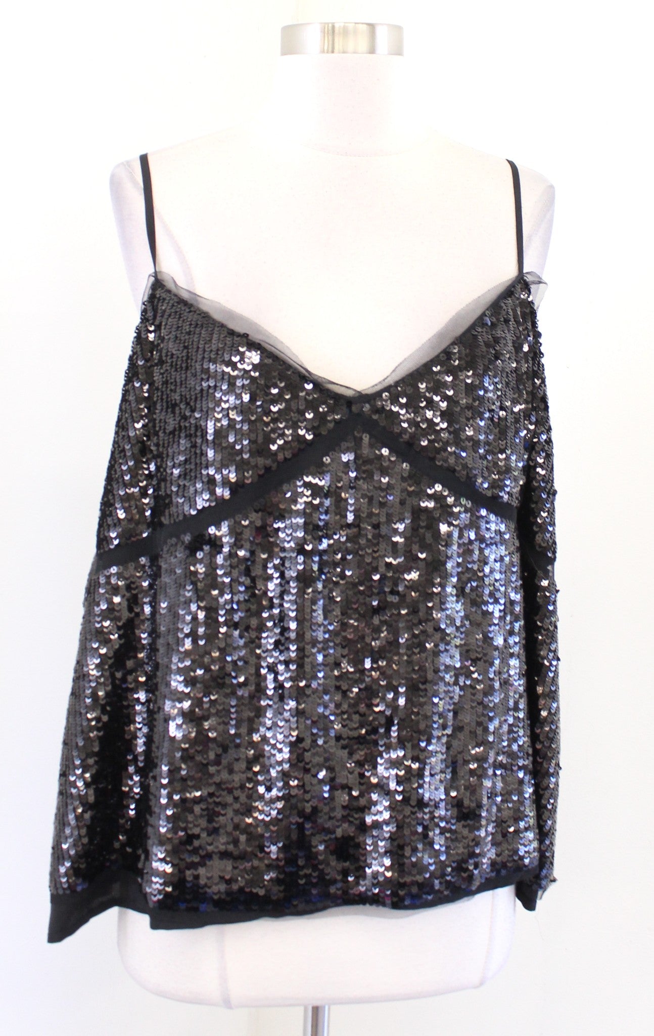 NWT J Crew Black Sequin Tulle Trim Cami Tank Top Size 3X Camisole Blouse V Neck