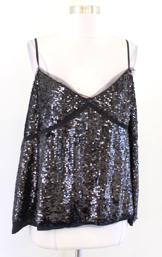 NWT J Crew Black Sequin Tulle Trim Cami Tank Top Size 3X Camisole Blouse V Neck