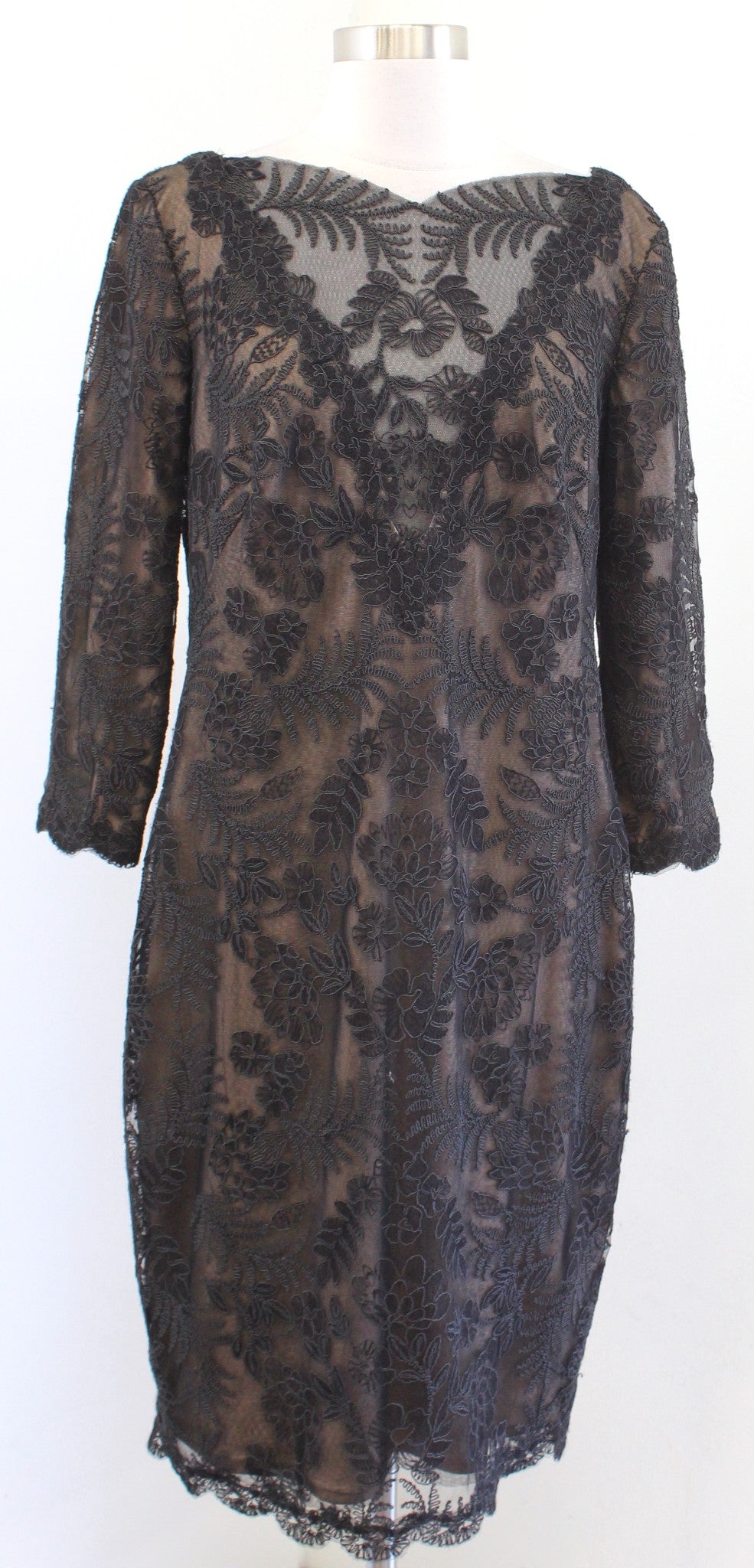Tadashi Shoji Zuri Black Lace Illusion Sheath Dress Sz 12 Cocktail Evening