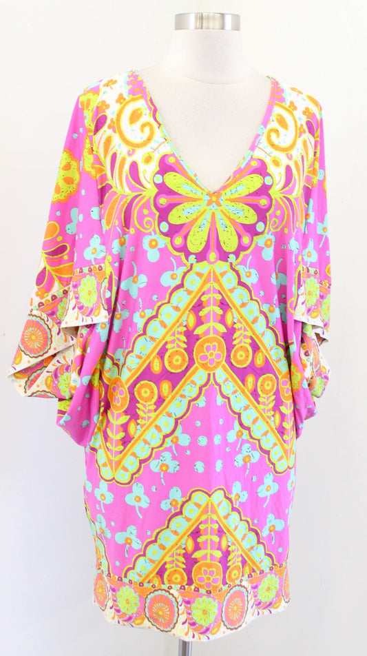 Trina Turk Colorful Floral Dolman Kimono Sleeve Swim Cover Up Dress Tunic Size M