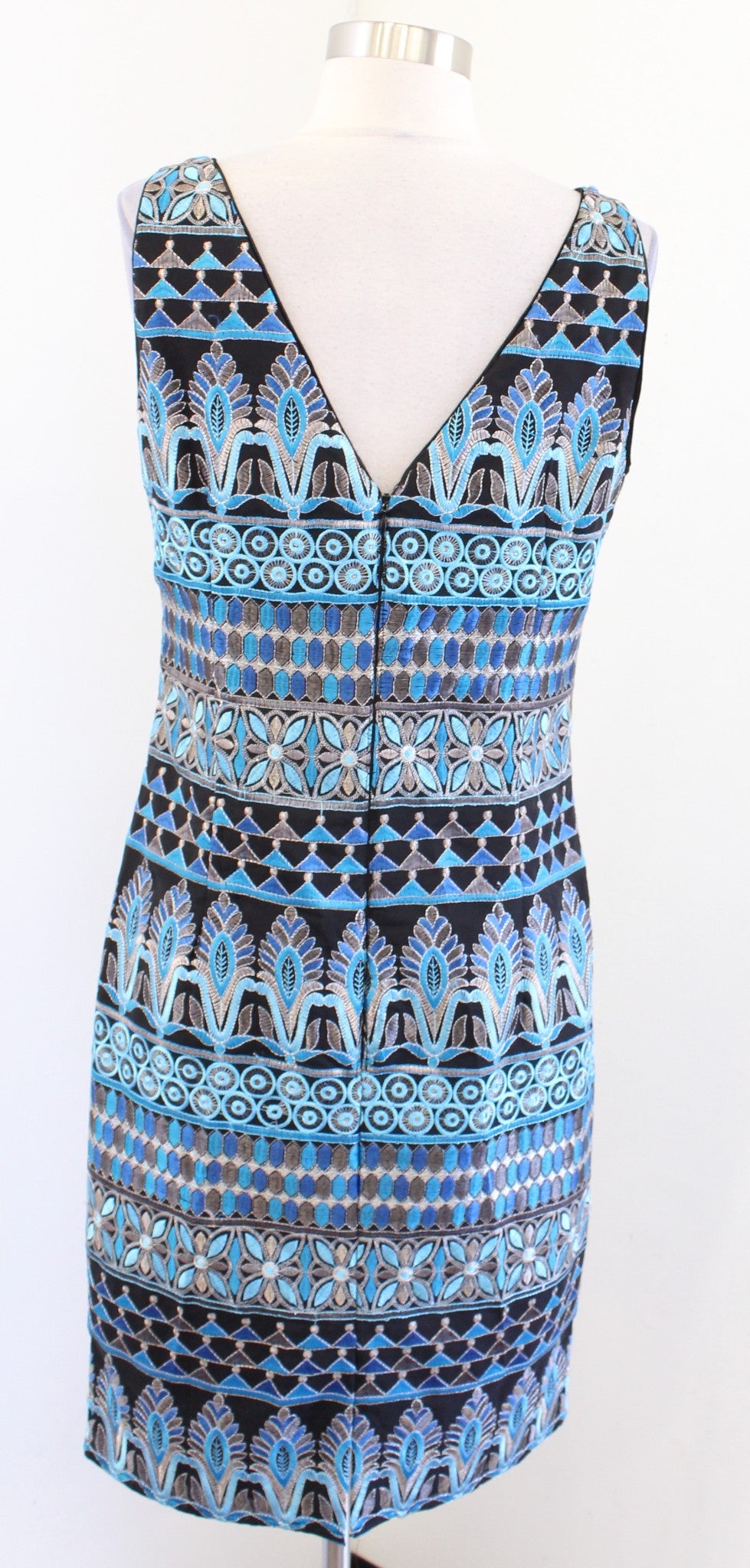 White House Black Market Black Blue Ornate Embroidered Sheath Dress Geometric 8