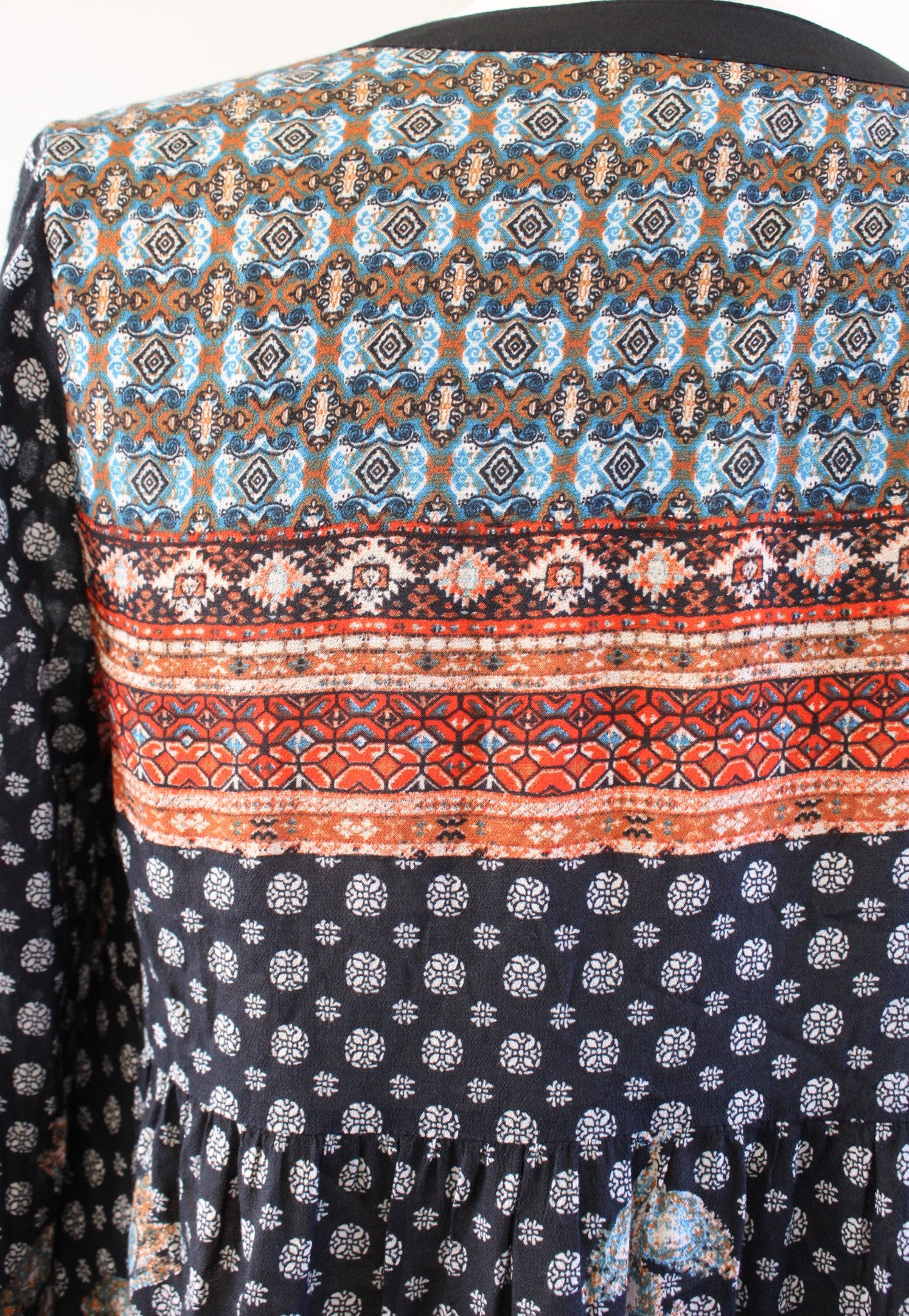 Meadow Rue Anthropologie Black Geometric Paisley Print Tunic Top Blouse Size XS