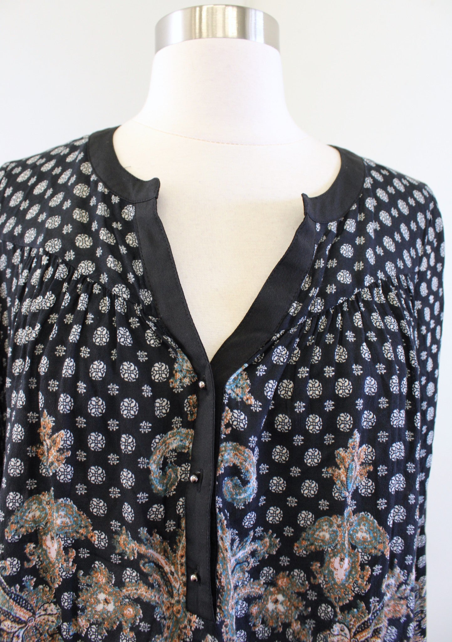 Meadow Rue Anthropologie Black Geometric Paisley Print Tunic Top Blouse Size XS