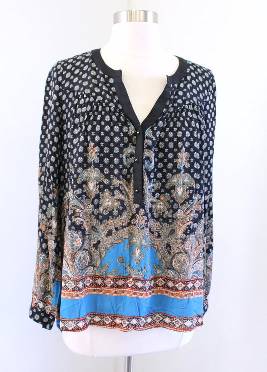 Meadow Rue Anthropologie Black Geometric Paisley Print Tunic Top Blouse Size XS