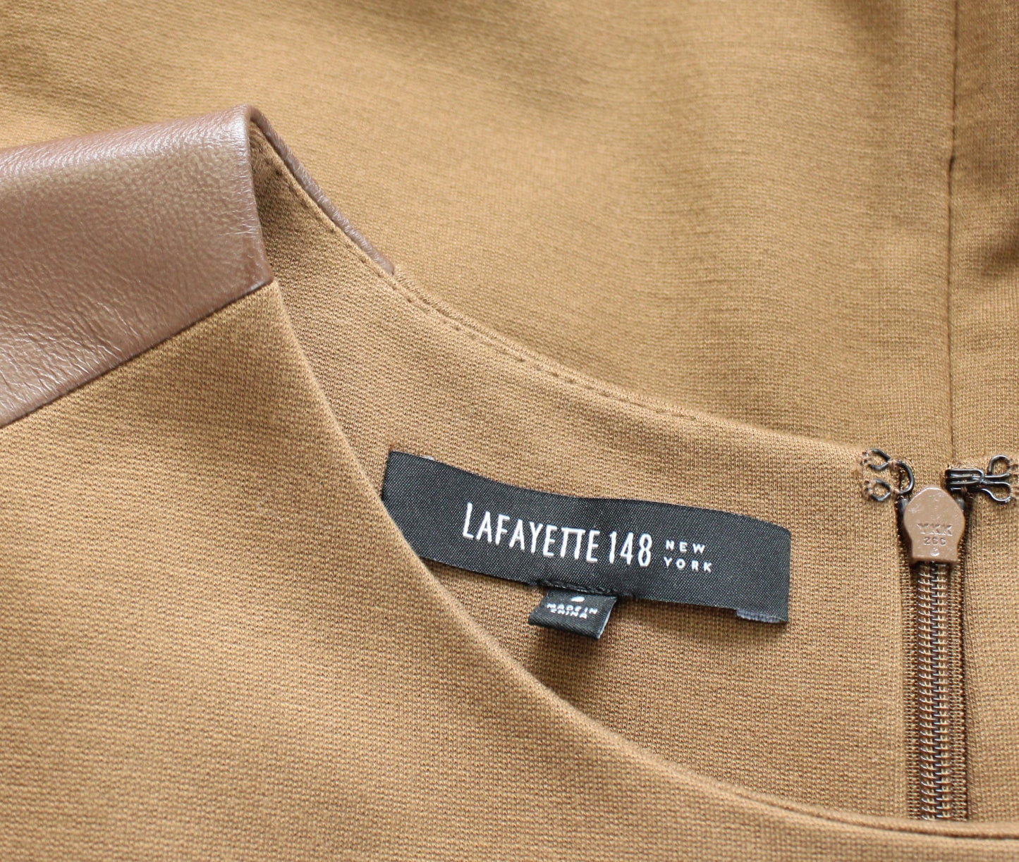 Lafayette 148 New York Brown Tan Leather Insert Pocket Shift Dress Size 8 Career