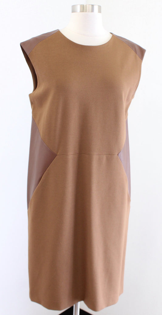 Lafayette 148 New York Brown Tan Leather Insert Pocket Shift Dress Size 8 Career