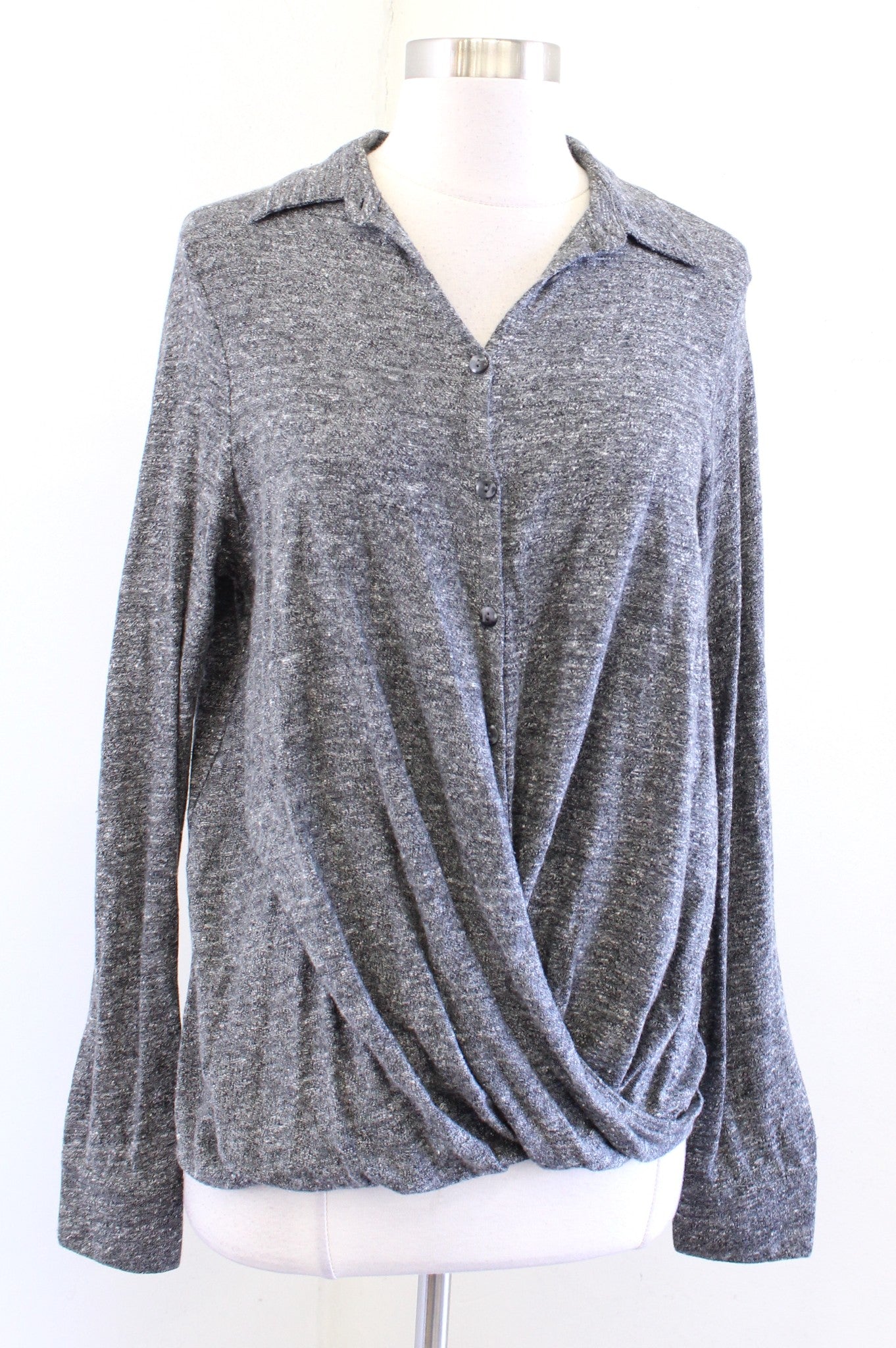 Sundance Catalog Gray Marled Knit Modern Twist Button Shirt Blouse Sz S Heather Long Sleeve