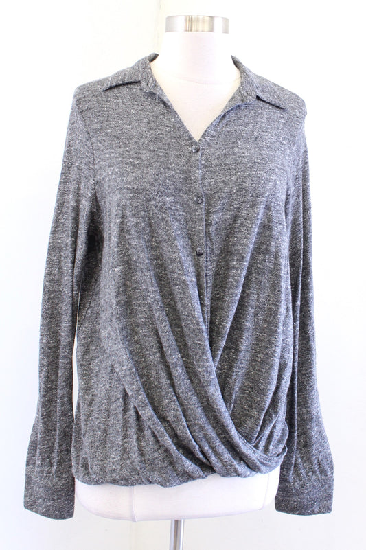 Sundance Catalog Gray Marled Knit Modern Twist Button Shirt Blouse Sz S Heather Long Sleeve