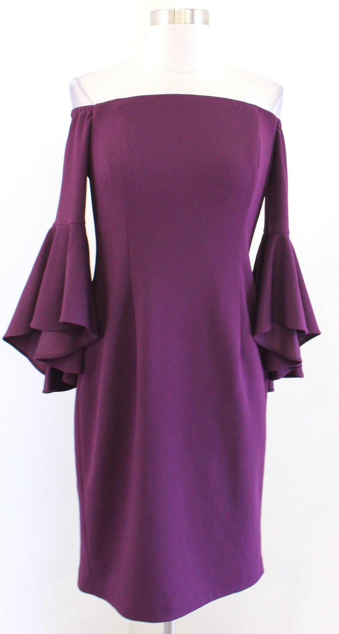 Calvin Klein Plum Off the Shoulder Bell Sleeve Sheath Dress Size 6 Cocktail