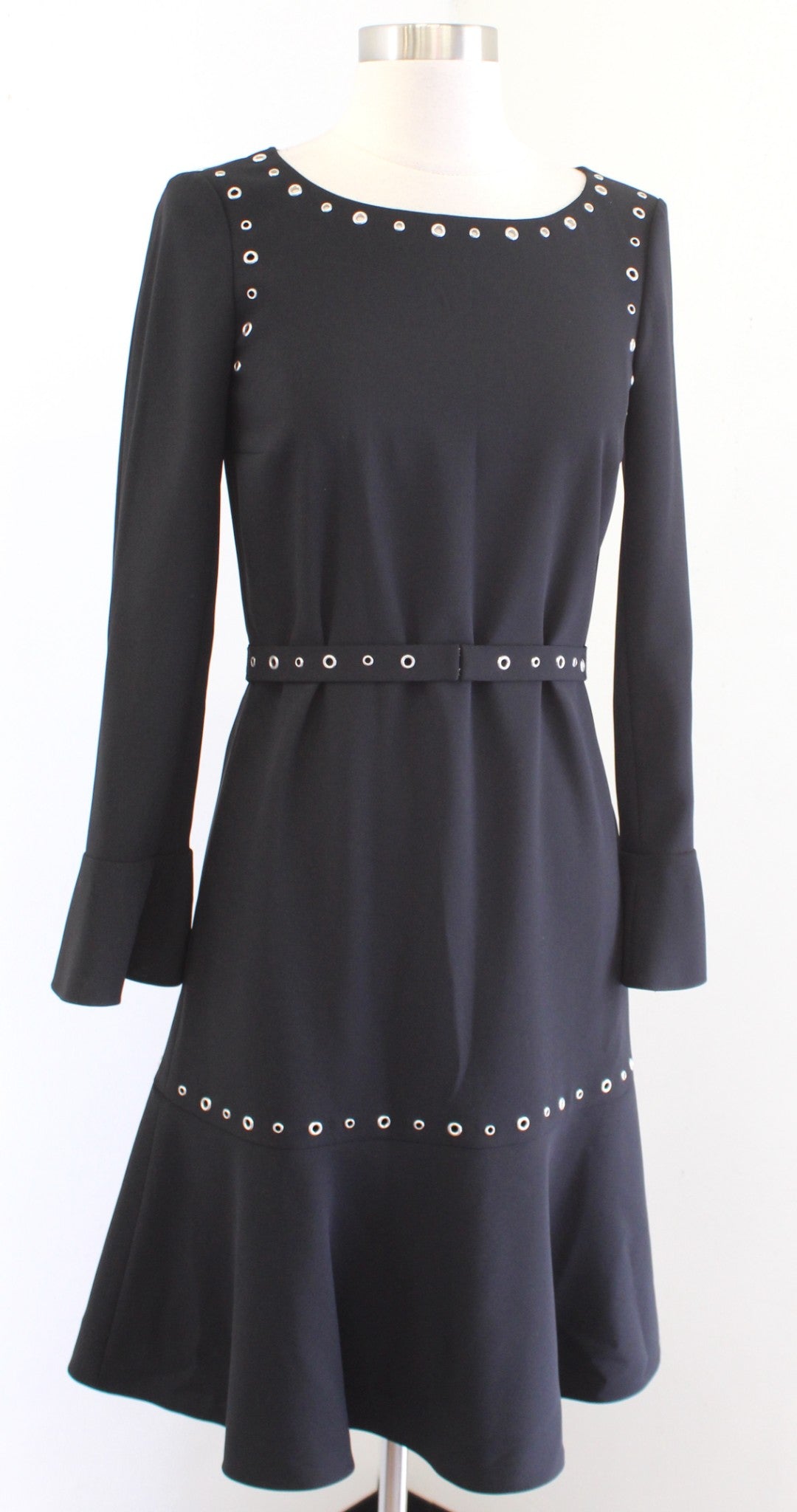 Hugo Boss Henryke Black Silver Grommet Detail A Line Flounce Hem Dress Size 0