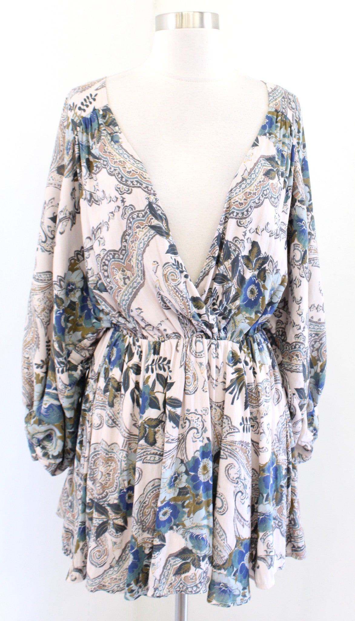 Free People High Plains Paisley Floral Plunge V Neck Mini Tunic Dress Size XS