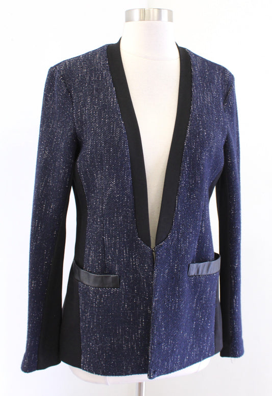 Nanette Lepore Scandal Jacket Navy Blue Black Tweed Leather Trim Blazer Size 8