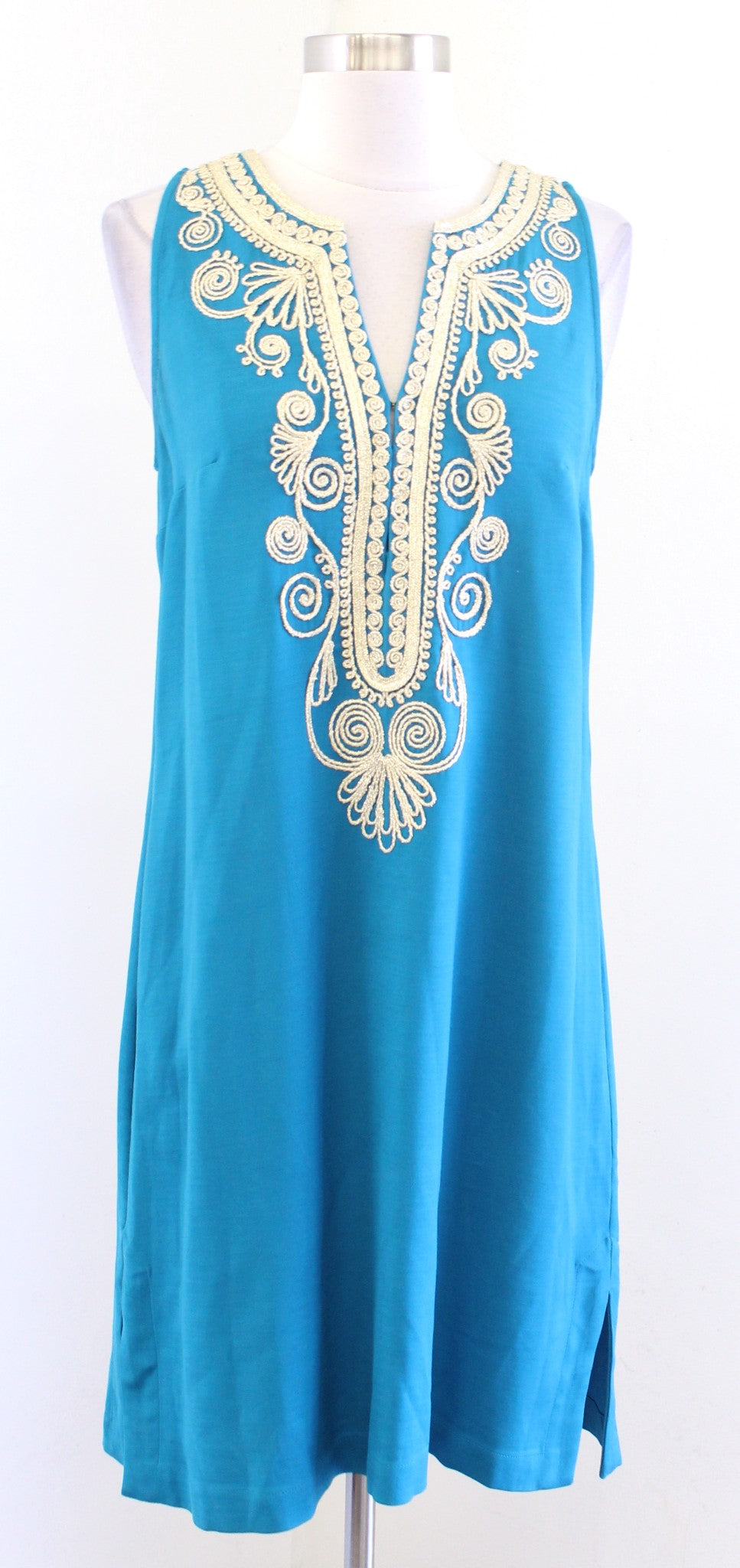 Lilly Pulitzer Carlotta Tidal Wave Teal Blue Gold Embroidered Dress Size 4 Shift