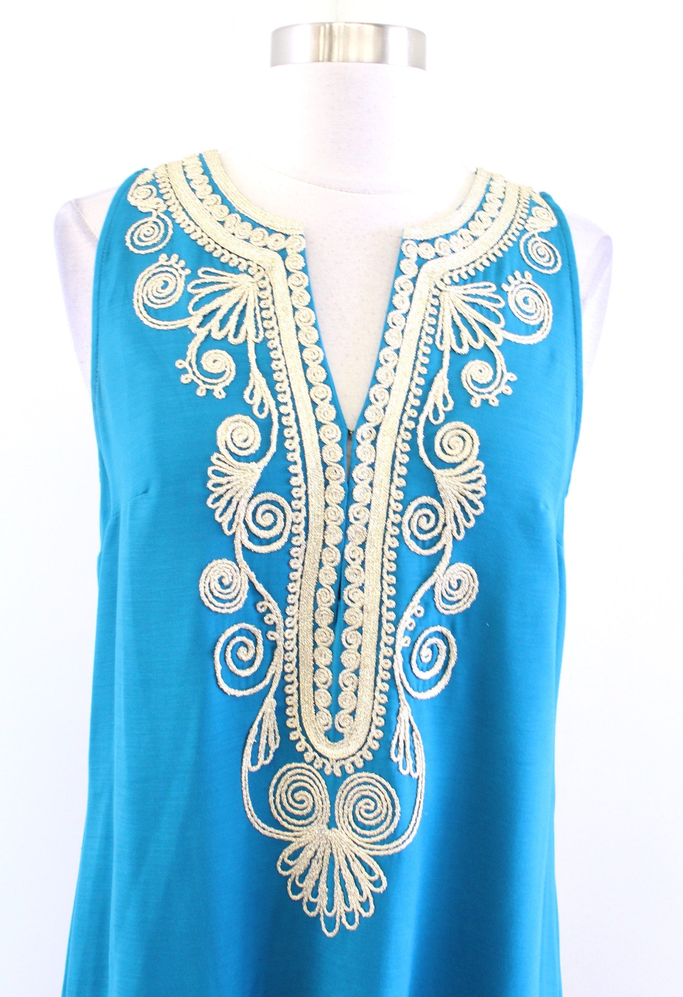 Lilly Pulitzer Carlotta Tidal Wave Teal Blue Gold Embroidered Dress Size 4 Shift