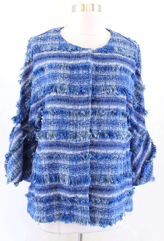 NWT J McLaughlin Linden Blue Striped Tweed Fringe Bell Sleeve Jacket Size L