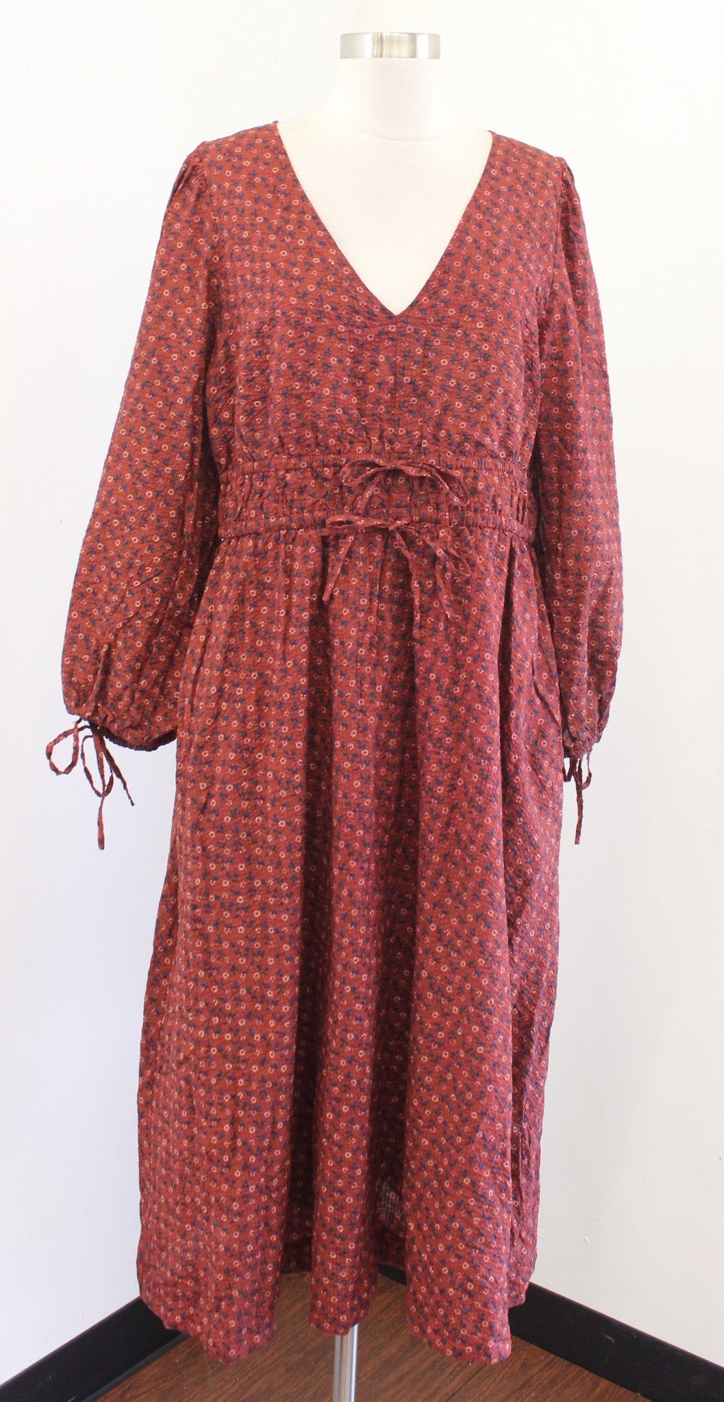 Madewell Sophia Brick Tie Front Textured Floral Print Midi Dress Size XL V Neck