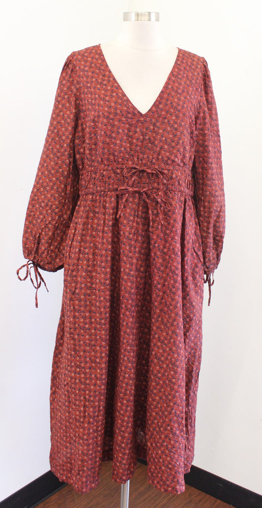 Madewell Sophia Brick Tie Front Textured Floral Print Midi Dress Size XL V Neck