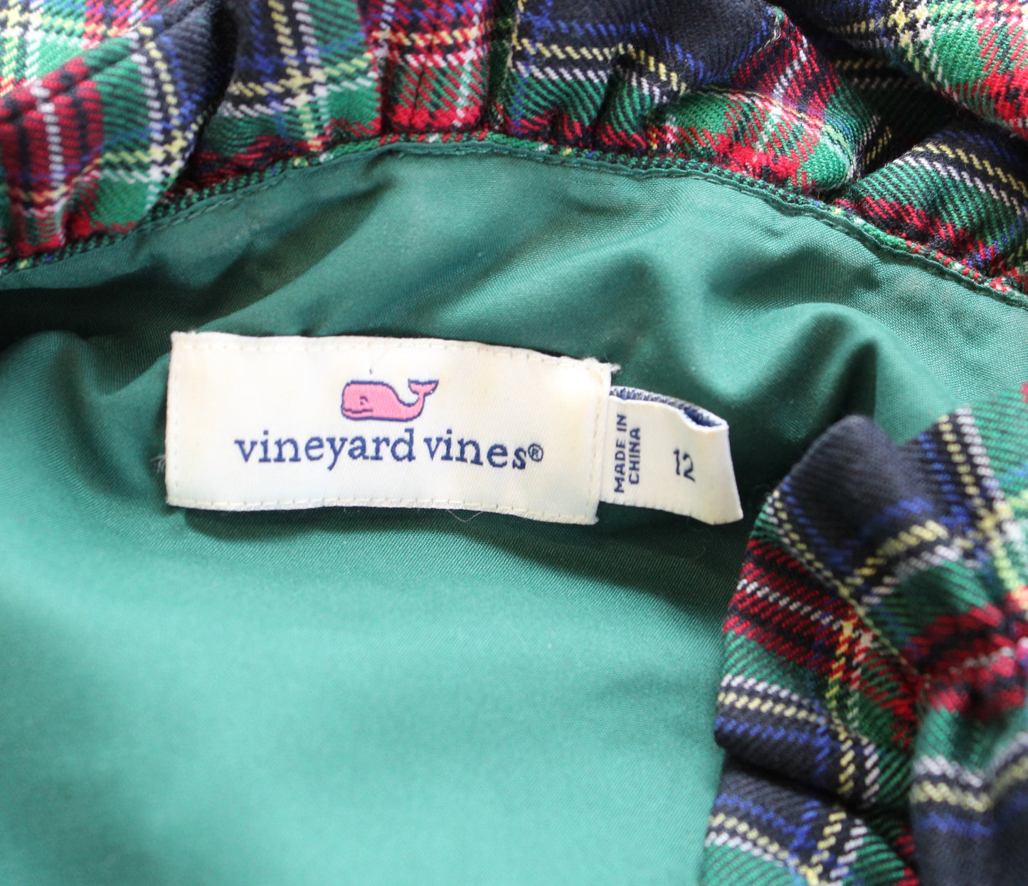 Vineyard Vines Tartan Plaid Wool Blend Ruffle Neck Dress Size 12 Navy Green Red